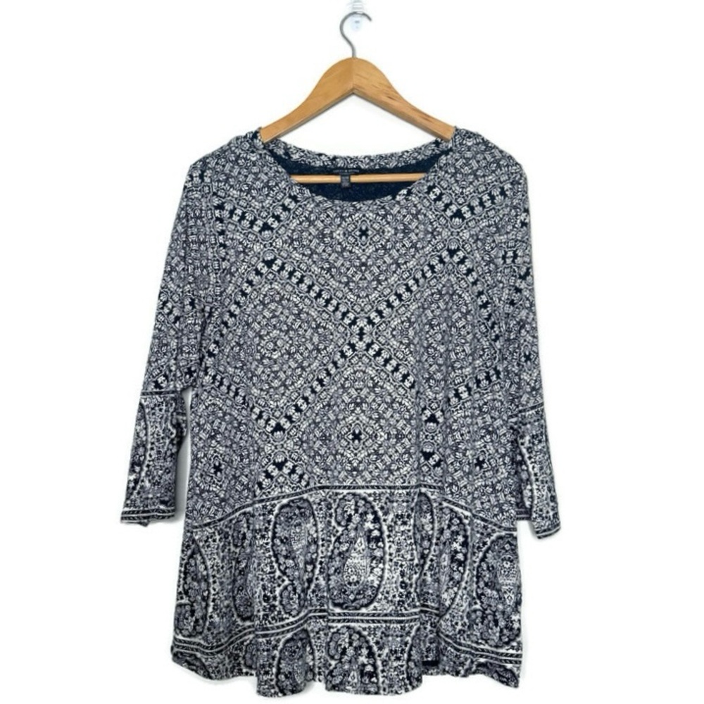 Lucky Brand Black And White Paisley Border Boho 3/4 Sleeve Top Women’s Size 1X